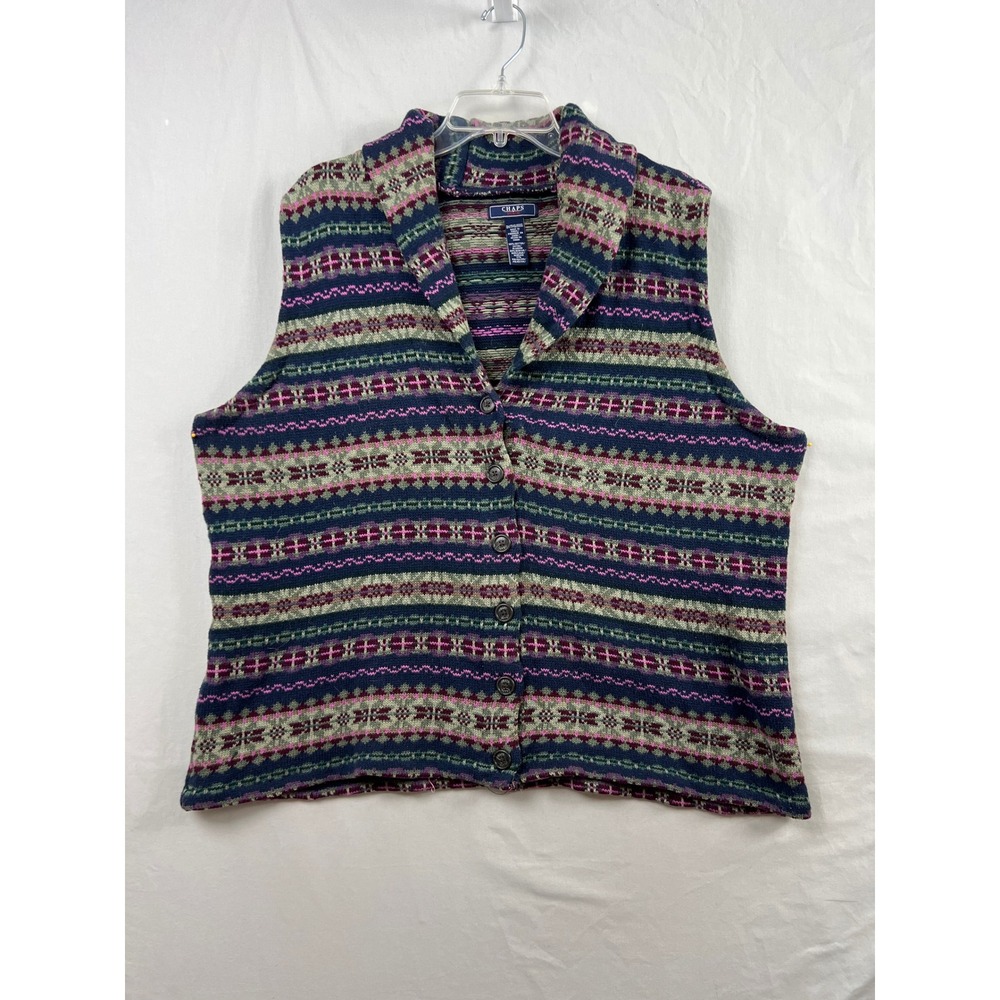Chaps Denim Sweater Vest Womens 3X Multicolor Fair Isle Shawl Collar Cabincore